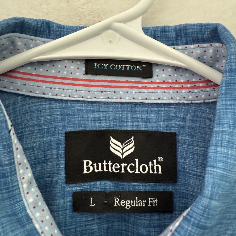 Butter Cloth Shirt Men L Blue Icy Cotton Regular Fit Stretch Rayon Flip Cuff - Picture 3 of 10